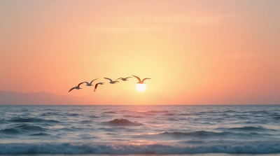 Birds Gliding Over Calm Ocean At Dusk