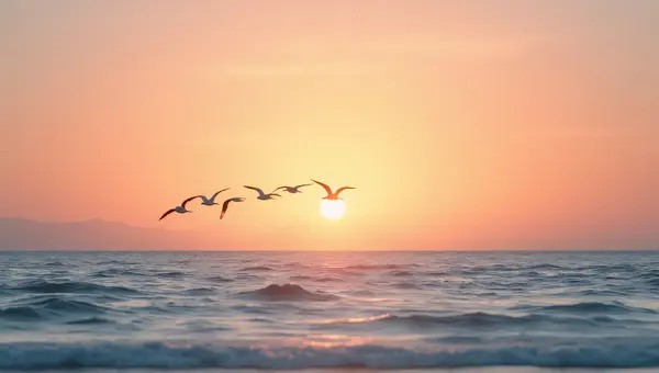 Birds Gliding Over Calm Ocean At Dusk