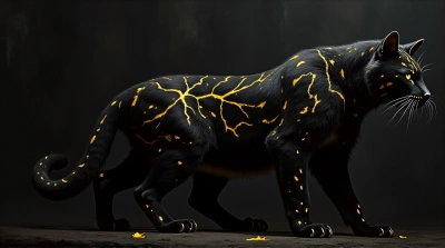 Black Cat With Yellow Patterns On Dark Background