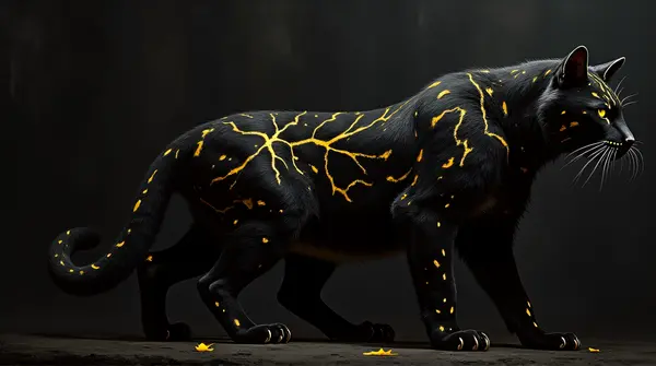 A sleek black cat with shimmering yellow markings posed dynamically against a dark textured background.