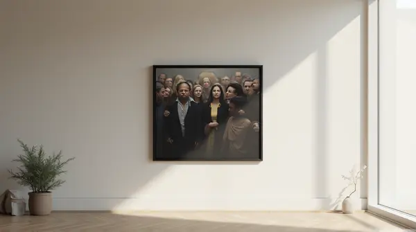Black-framed artwork showing a group of people closely gathered on a neutral-toned wall lit by soft natural light.