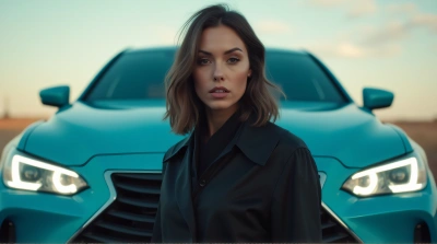 Black Jacket Model Posing By Cerulean Car