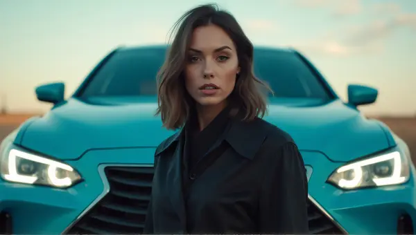 Black Jacket Model Posing By Cerulean Car