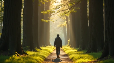 Black Jacket Stride On Sunlit Forest Trail