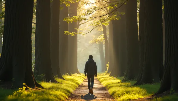 Black Jacket Stride On Sunlit Forest Trail