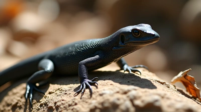 Black Lizard On Sunlit Rock With Dry Leaves