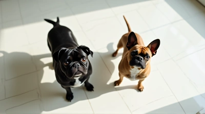 Black Pug And Brindle Dog On Glossy Tiles