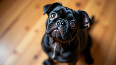 Black Pug Puppy Sitting On Wooden Floor