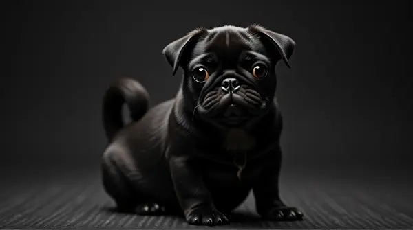 Black pug sitting on a woven dark surface with an alert expression and curled tail.