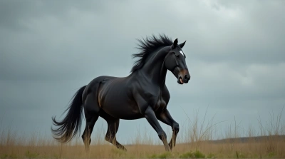 Black Stallion Neighing Fiercely On Grass