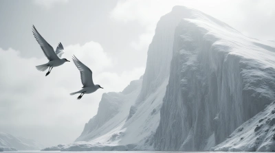 Black And White Birds Flying Near Icy Cliff