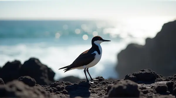 Small black and white flightless bird standing on sunlit volcanic stones by a shimmering blue ocean in soft morning light.