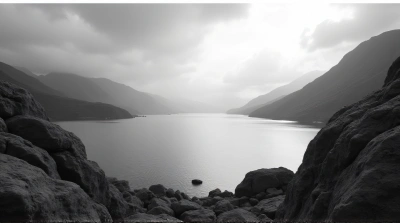 Black And White Lake Scene With Rugged Rocks