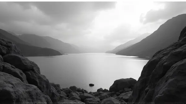 Black And White Lake Scene With Rugged Rocks
