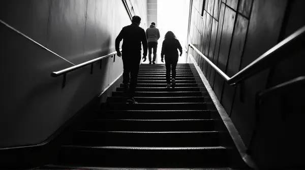 Black and white image of people climbing metal stairs from a side view highlighting texture and contrast.