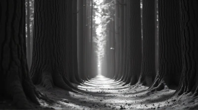 Black And White Narrow Pathway Among Tall Trees
