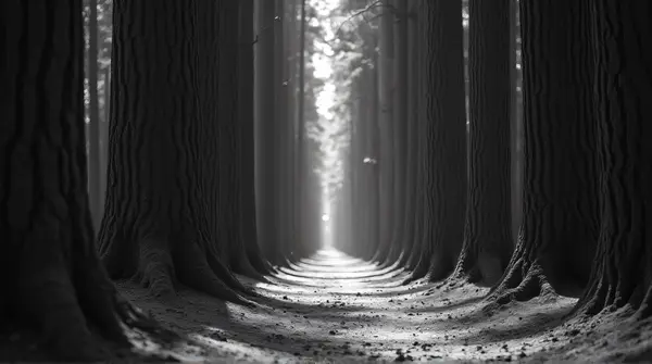 Monochrome image of a narrow path between tall tree trunks under soft daylight from a low angle