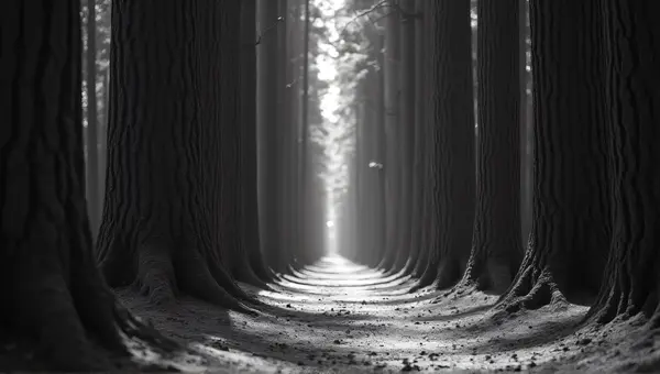 Black And White Narrow Pathway Among Tall Trees