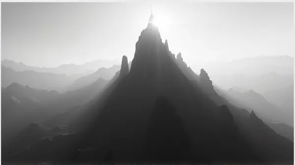 Black and white image of a towering summit with jagged contours under soft light and deep shadows.