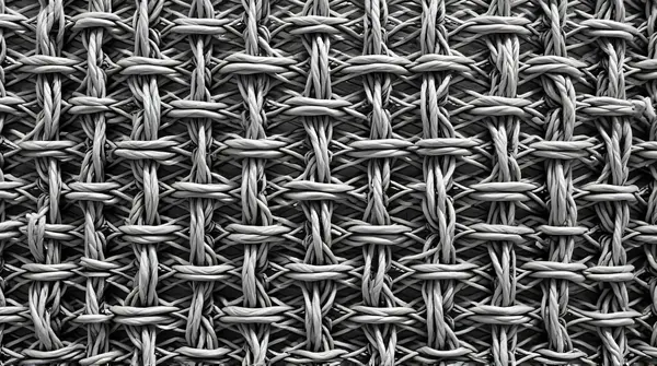 High-contrast black and white woven fabric showing interlaced threads in symmetrical loops
