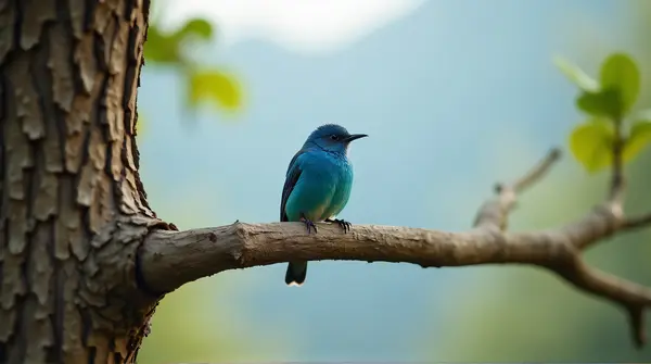 Blue Bird Perched On Tree Branch With Sky