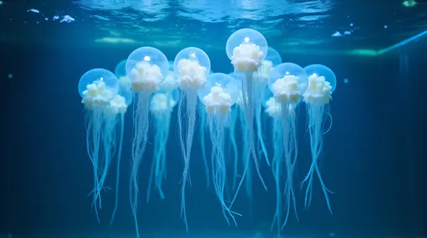 Blue Glowing Aquatic Creatures In Glass Aquarium