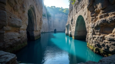 Blue Inlet With Towering Stone Walls And Shadows