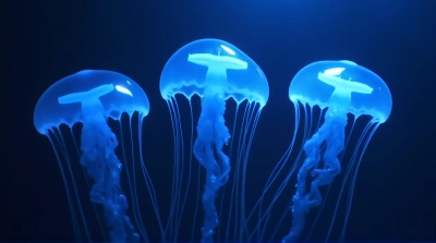 Blue Jellyfish Cluster With Delicate Filaments