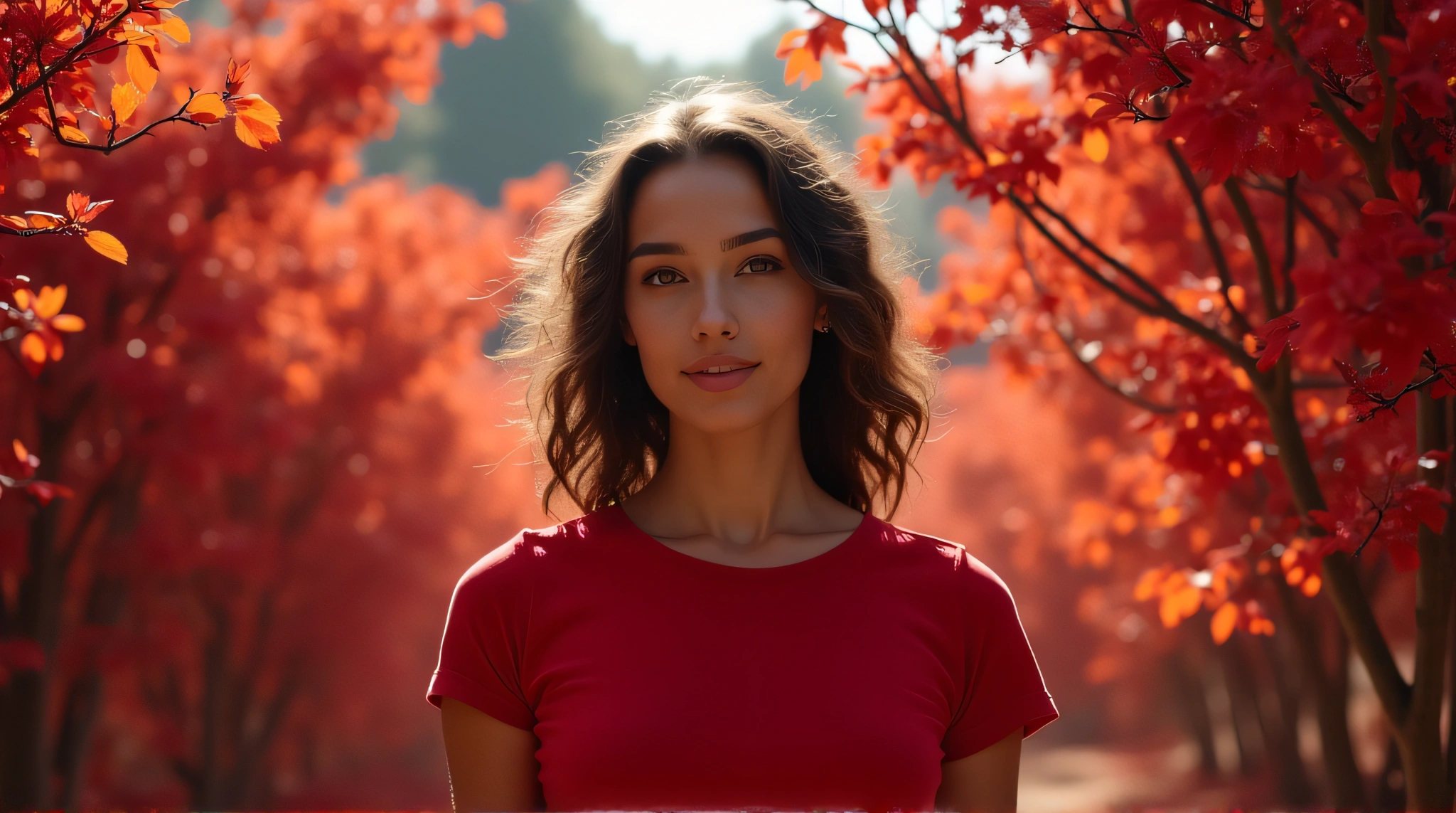 Blue-Skinned Woman Amid Crimson Foliage Sunlight
