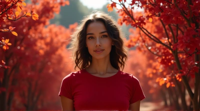 Blue-Skinned Woman Amid Crimson Foliage Sunlight