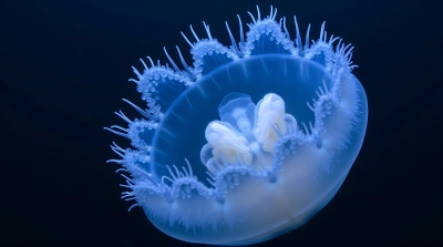Blue White Jellyfish Pulsating Deep Ocean