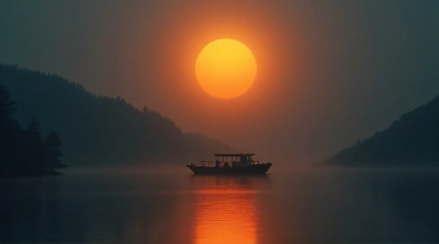 Boat On Tranquil Lake With Glowing Orb Sky