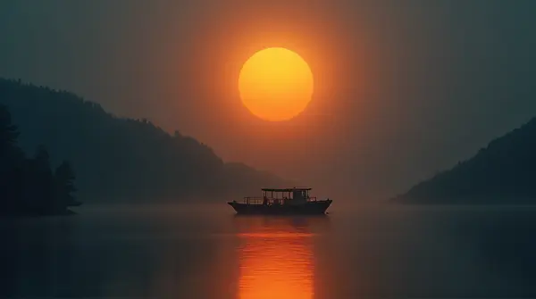 Boat On Tranquil Lake With Glowing Orb Sky
