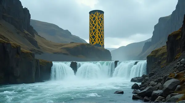 Bold Geometric Tower Beside Roaring Stream