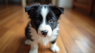 Border Collie Puppy Alert On Wooden Floor