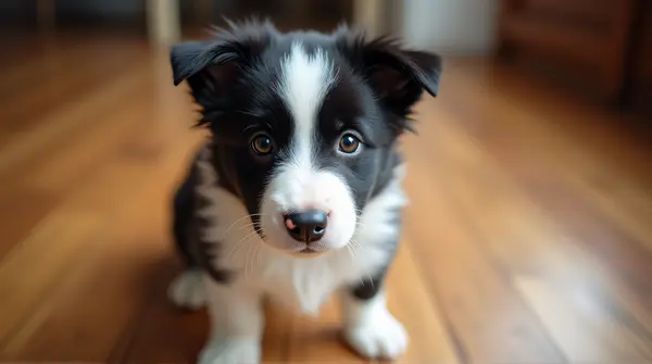 Border Collie Puppy Alert On Wooden Floor