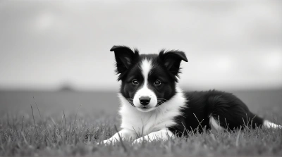 Border Collie Puppy Resting On Colorful Meadow