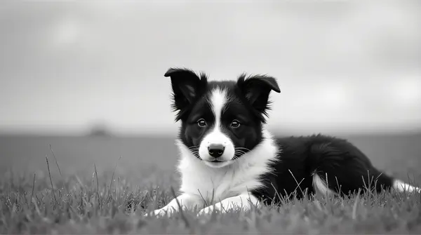 Border Collie Puppy Resting On Colorful Meadow