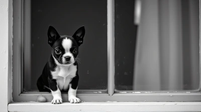 Boston Terrier Puppy Alert On Window Ledge