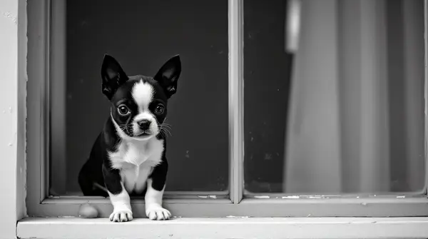 Boston Terrier Puppy Alert On Window Ledge