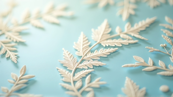 Close-up of a light surface featuring detailed azure and ivory botanical patterns in soft natural light