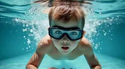 Boy Wearing Goggles Underwater Rippling Light Patterns