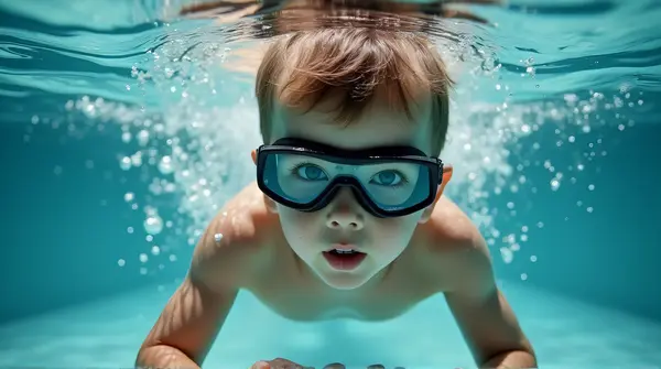 Young boy in goggles submerged surrounded by rippling light patterns showing focused expression and dynamic movement