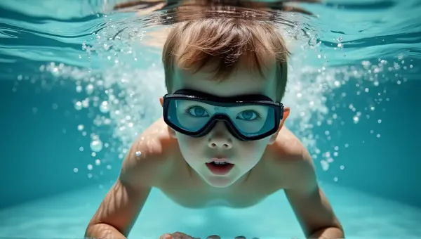 Boy Wearing Goggles Underwater Rippling Light Patterns