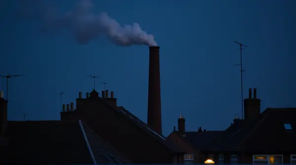Brick Chimney Emitting Smoke Against Indigo Sky