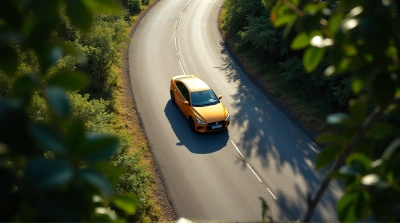 Bright Car Driving Along Winding Asphalt Pathway