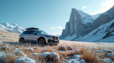 Bright Car On Frosted Meadow With Rugged Landscape
