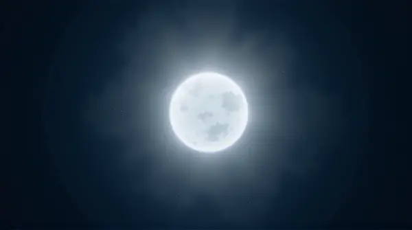 Large bright moon with visible craters against a deep indigo sky and soft vapor wisps