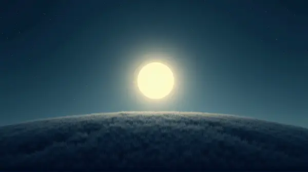 A bright circular orb shining over a star-speckled sky above a gently rolling hill with soft grass shadows.