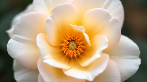 Sharp center detail of bright petals with gradual focus across the bloom